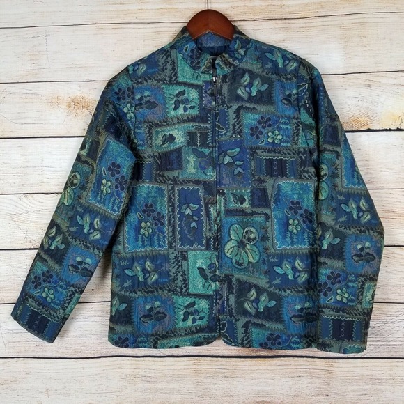 Coldwater Creek‎ Women's Jacket Size XS Metallic Shine Blue Floral Blocked Coat - Picture 1 of 5